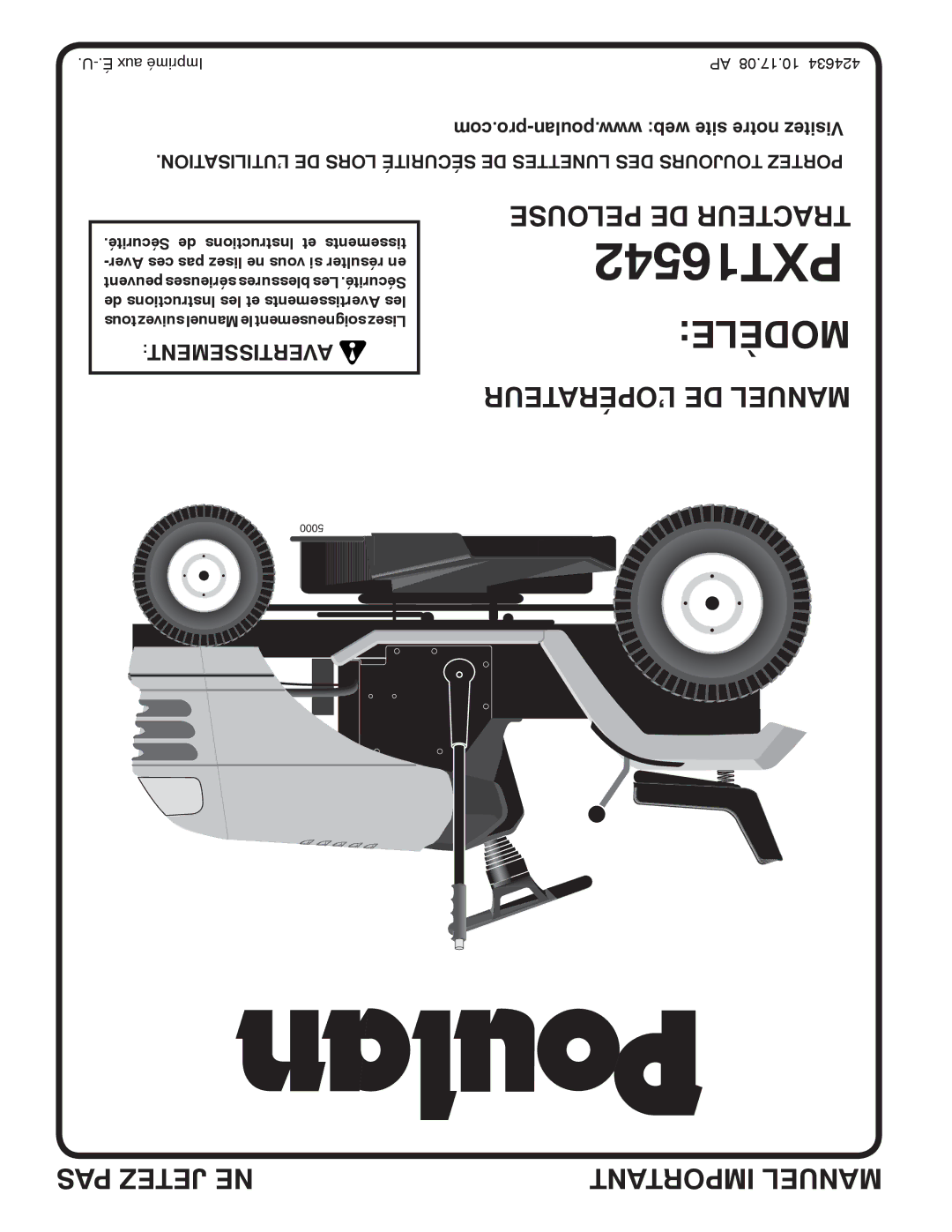 Poulan 424634 manual Pelouse DE Tracteur PXT16542 