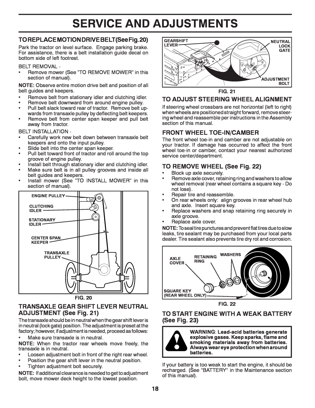 Poulan 424634 manual TOREPLACEMOTIONDRIVEBELTSeeFig.20, To Adjust Steering Wheel Alignment, Front Wheel Toe-In/Camber 