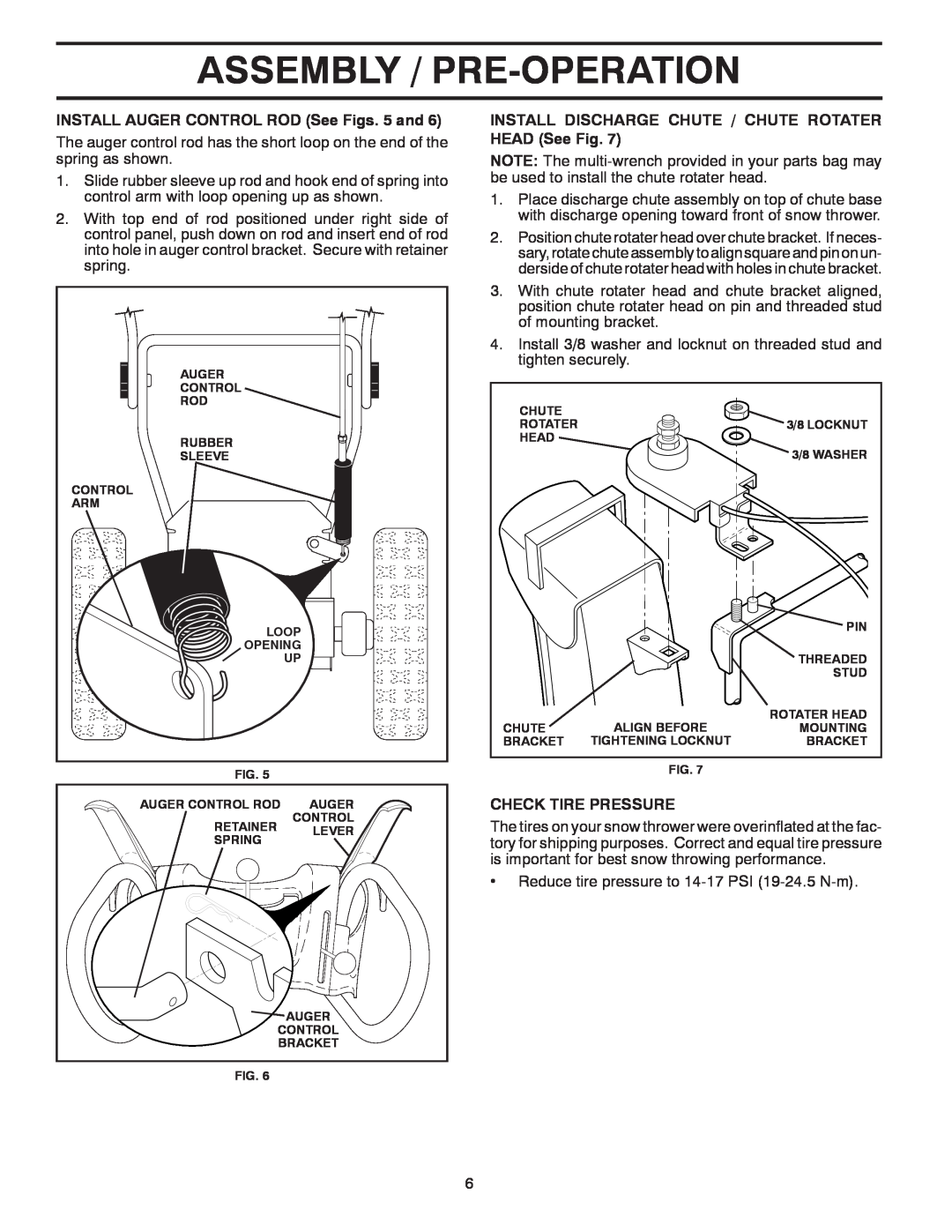 Poulan 424704, PR5524ESLCT Assembly / Pre-Operation, INSTALL AUGER CONTROL ROD See Figs. 5 and, Check Tire Pressure 