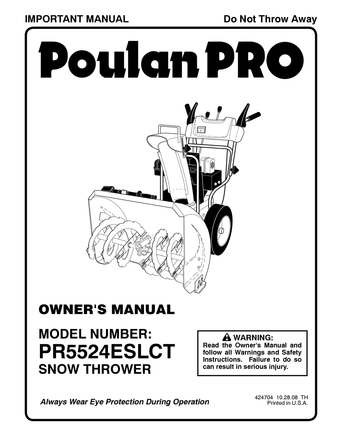 Poulan PR5524ESLCT, 424704 owner manual Model Number, Snow Thrower 