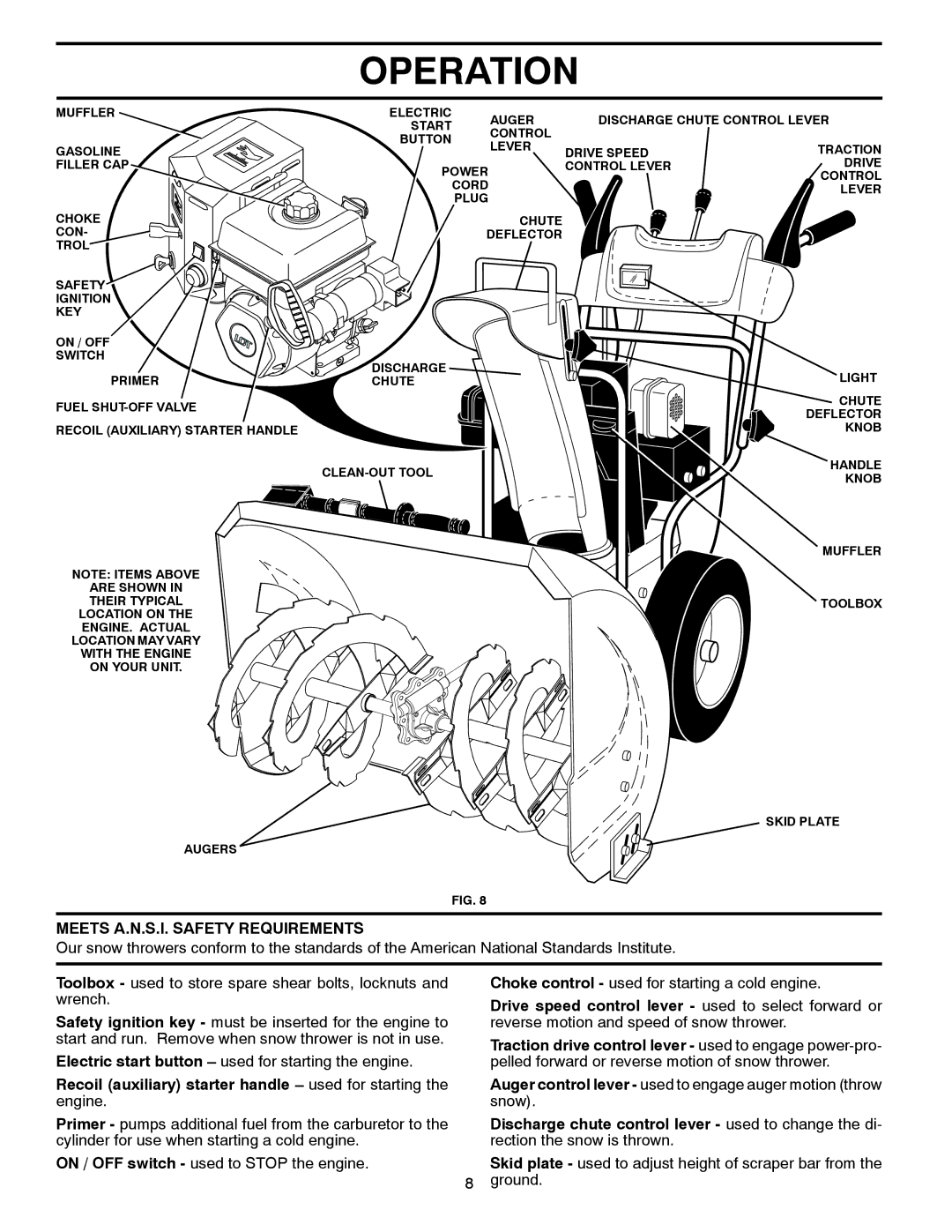 Poulan 424704, PR5524ESLCT Meets A.N.S.I. Safety Requirements, Electric start button used for starting the engine 