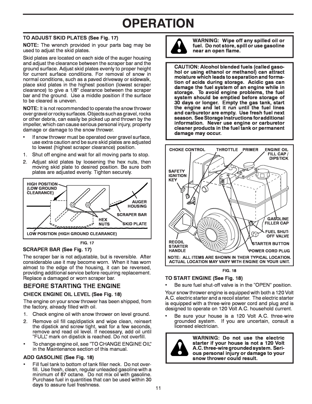 Poulan 961980025, 424714 Before Starting The Engine, Operation, TO ADJUST SKID PLATES See Fig, SCRAPER BAR See Fig 