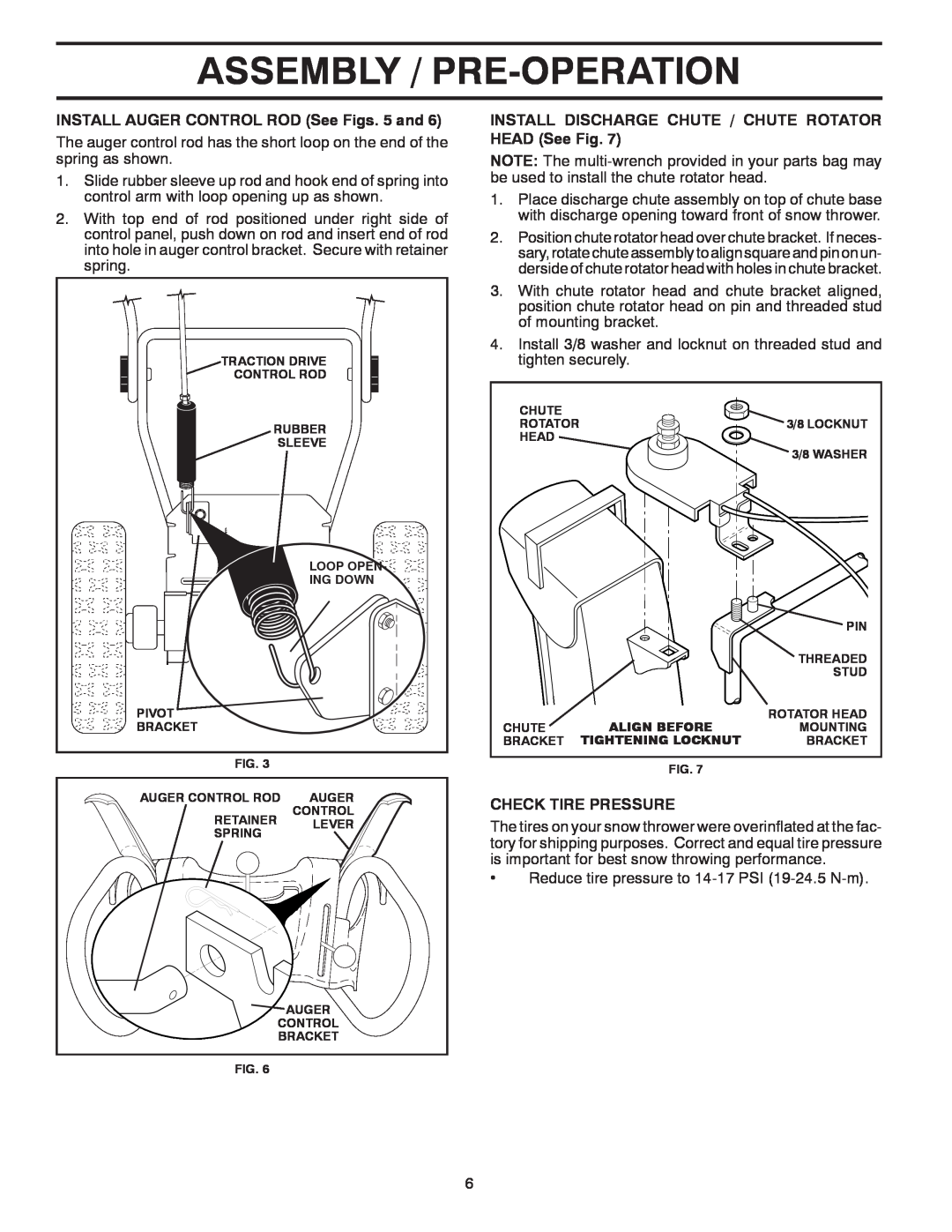 Poulan 424714, 96198002501 Assembly / Pre-Operation, INSTALL AUGER CONTROL ROD See Figs. 5 and, Check Tire Pressure 