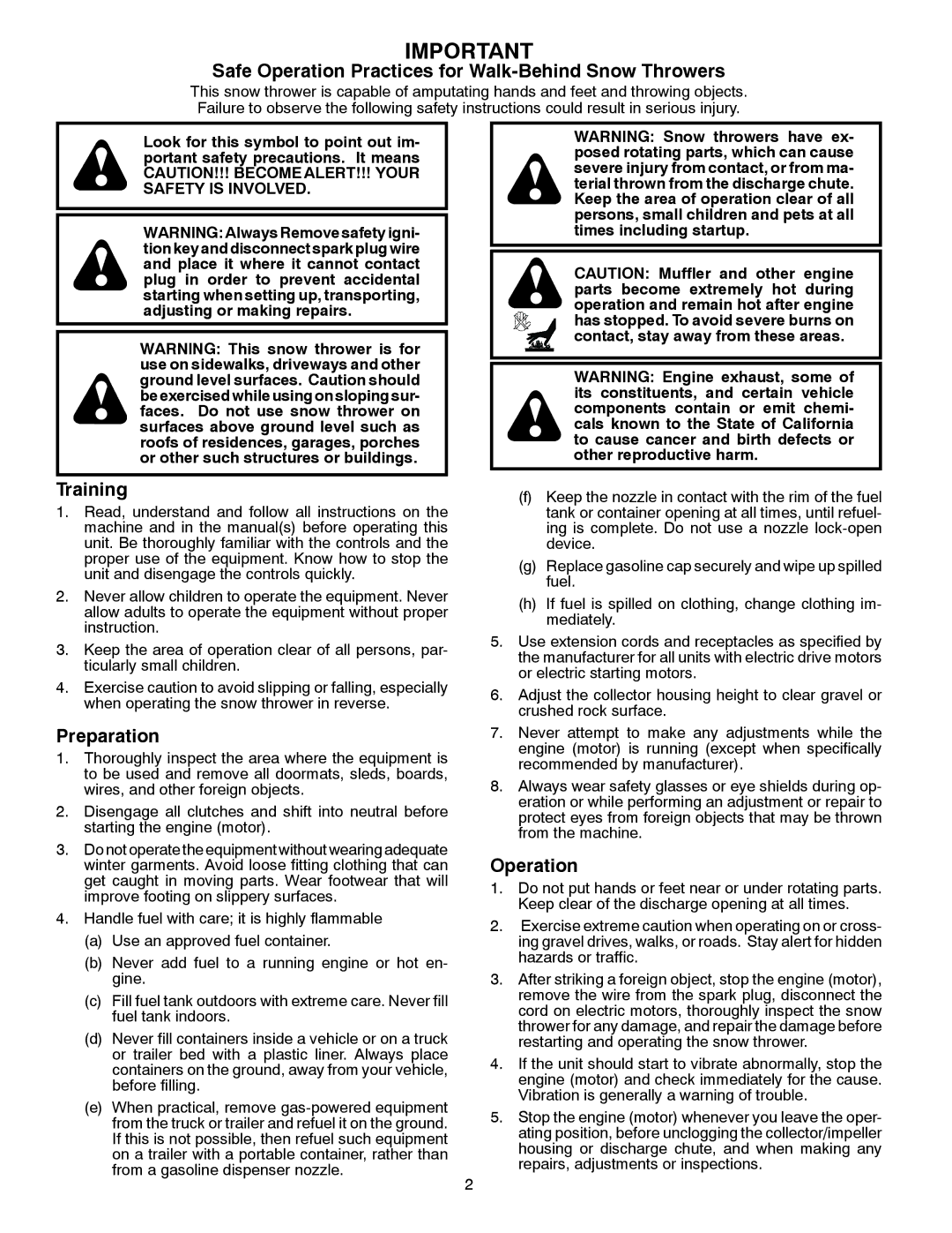 Poulan 424714, 96198002501 owner manual Safe Operation Practices for Walk-Behind Snow Throwers 