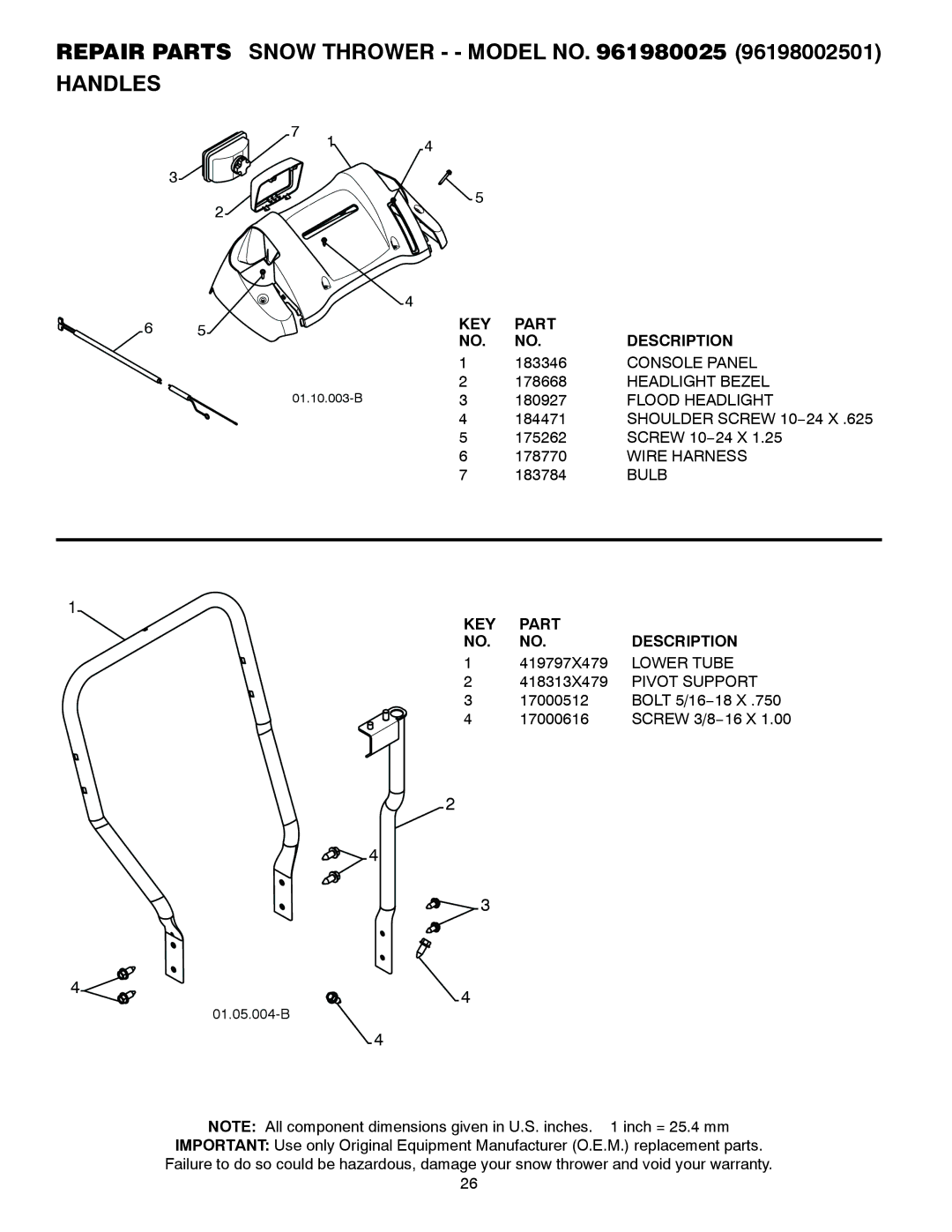 Poulan 424714, 96198002501 owner manual Handles, 419797X479, Lower Tube 