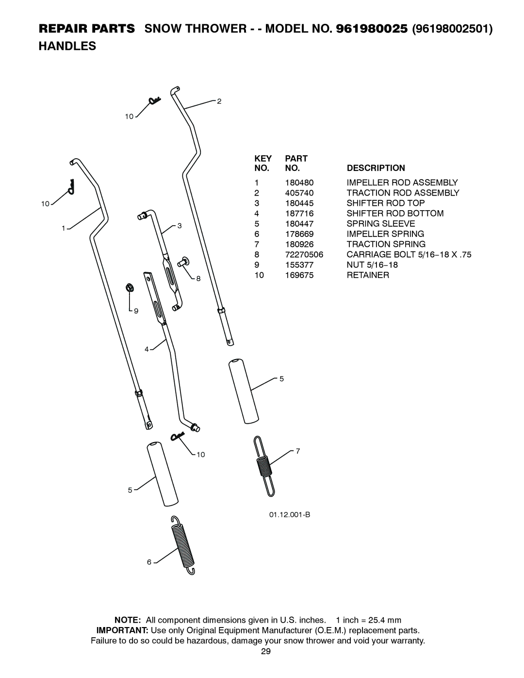 Poulan 424714, 96198002501 owner manual Carriage Bolt 5/16−18 X 155377 NUT 5/16−18 169675 