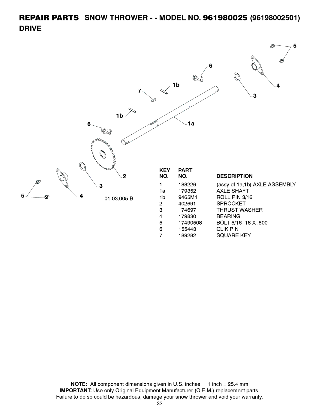 Poulan 424714, 96198002501 owner manual Axle Shaft, Roll PIN 3/16, Sprocket, Clik PIN 