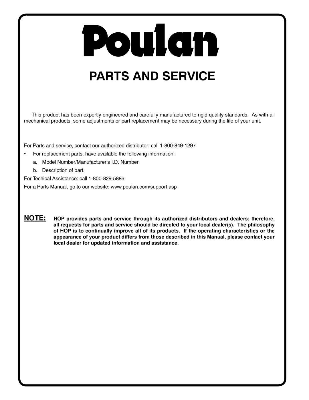 Poulan 425001 manual Parts and Service 