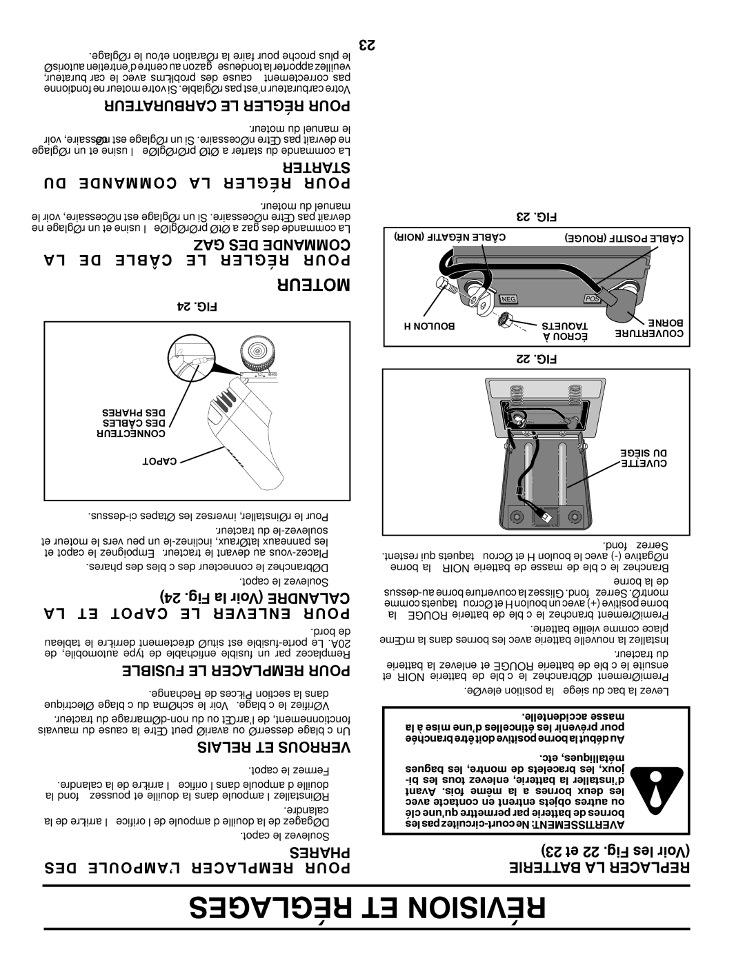 Poulan 425001 manual Réglages ET Révision, Carburateur LE Régler Pour, GAZ DES Commande a L DE Câble LE Régler Pour 