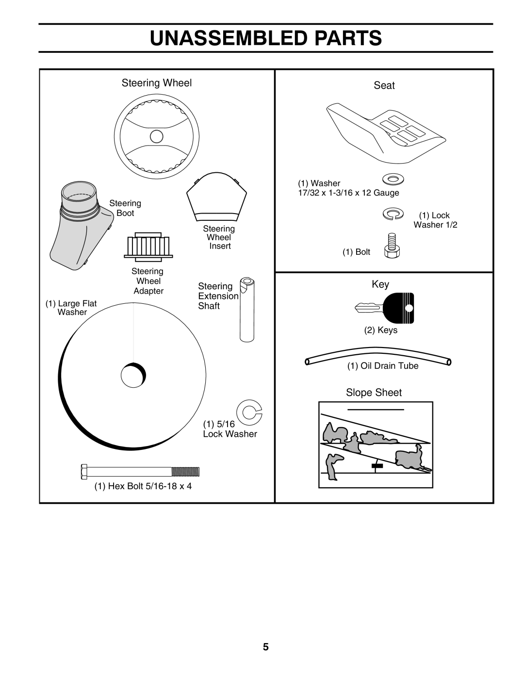 Poulan 425001 manual Unassembled Parts, Steering Wheel Seat, Key, Slope Sheet 