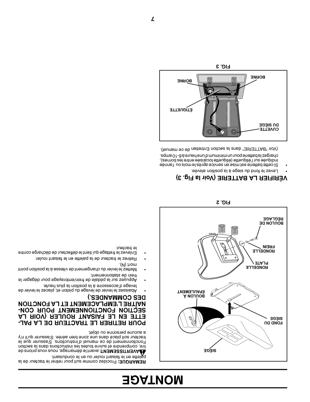 Poulan 425001 manual Fig la Voir Batterie LA Vérifier, Desmancom DES, PAL LA DE Tracteur LE Retirer Pour 