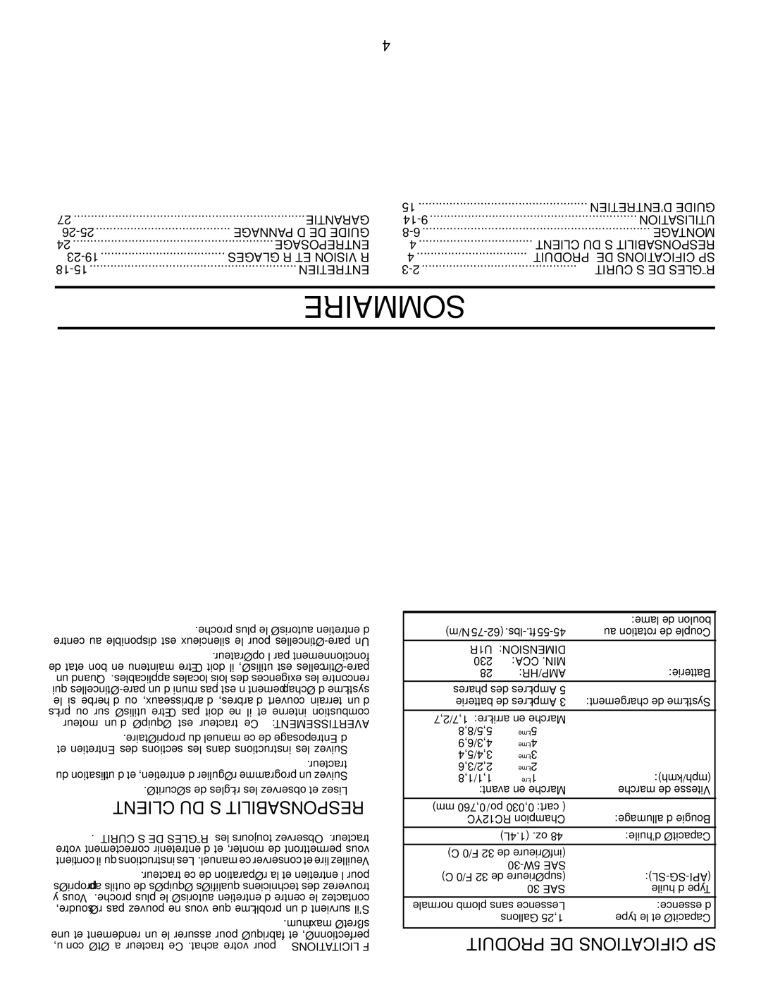 Poulan 425001 manual Sommaire, Client DU Responsabilités, Produit DE Spécifications 