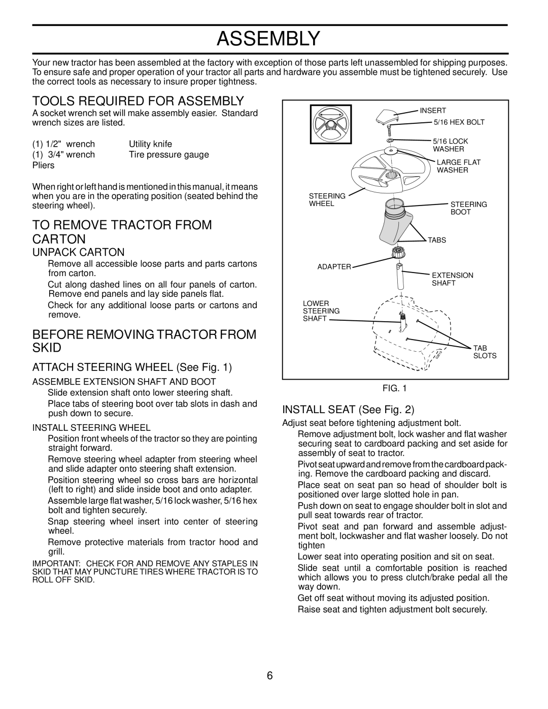 Poulan 425001 Tools Required for Assembly, To Remove Tractor from Carton, Before Removing Tractor from Skid, Unpack Carton 