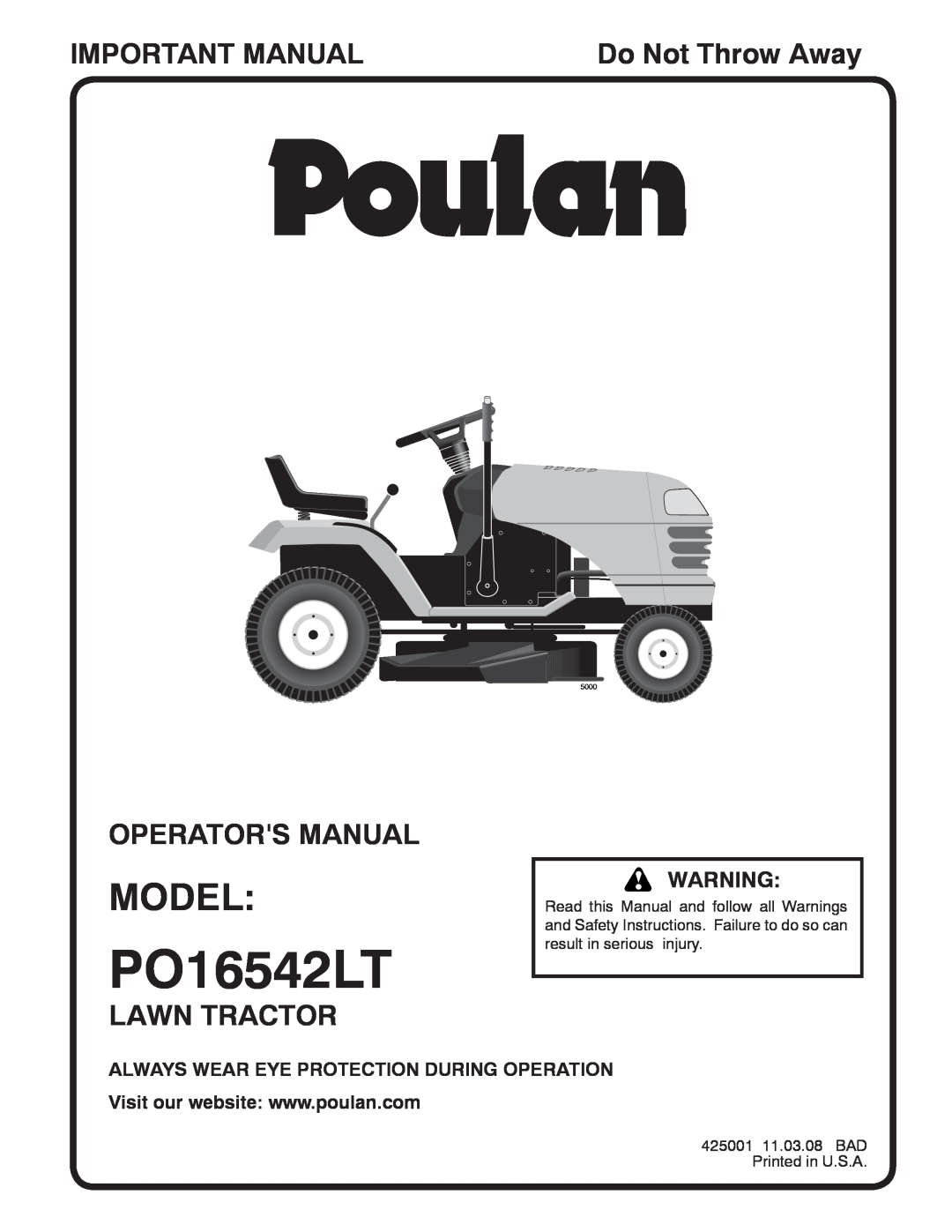 Poulan 425001 manual Model, Important Manual, Operators Manual, Lawn Tractor, Do Not Throw Away, PO16542LT, 5000 