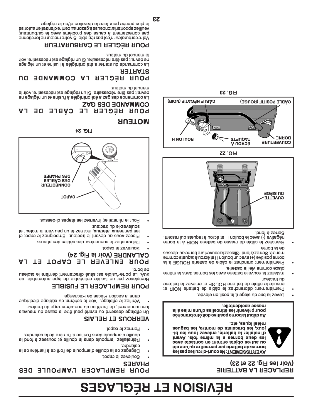 Poulan 425001 manual Réglages Et Révision, Carburateur Le Régler Pour, Gaz Des Commande A L De Câble Le Régler Pour, Phares 