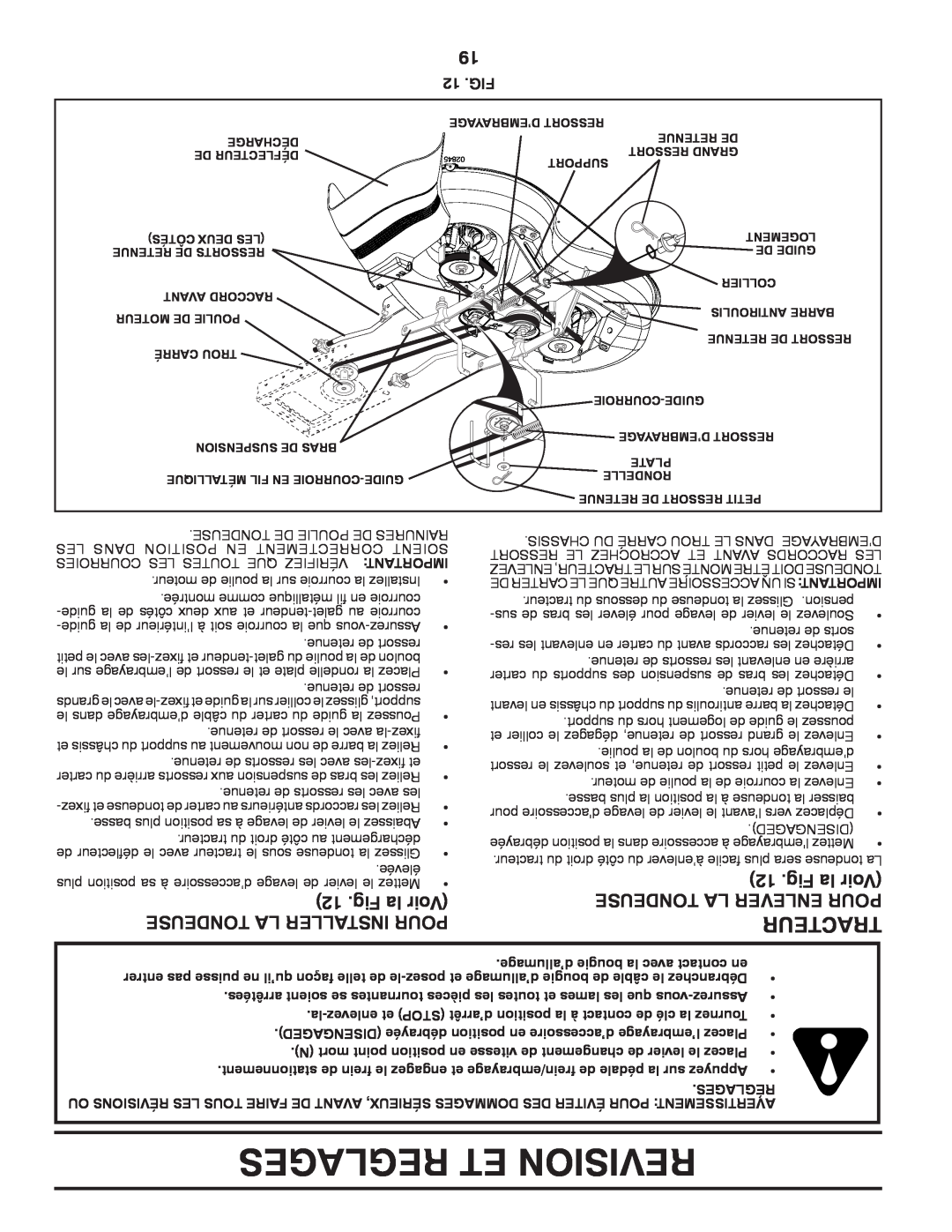 Poulan 425001 manual Reglages Et Revision, Tracteur, Fig la Voir, Tondeuse La Installer Pour, Tondeuse La Enlever Pour 