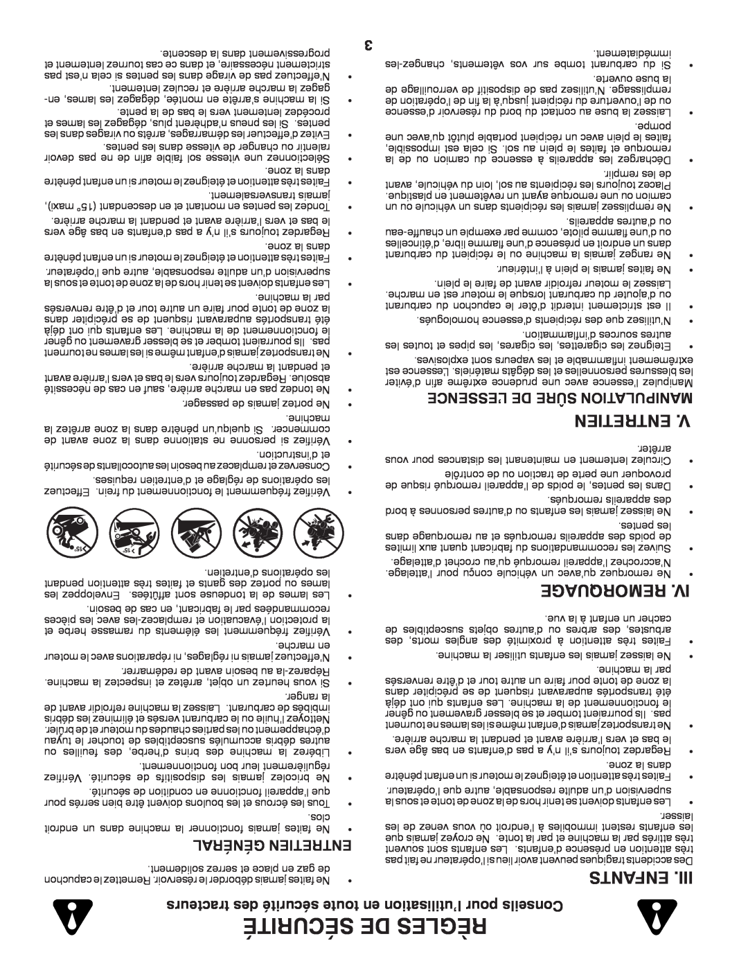 Poulan 425001 manual Sécurité De Règles, Remorquage, Enfants, Général Entretien, tracteurs des sécurité toute 
