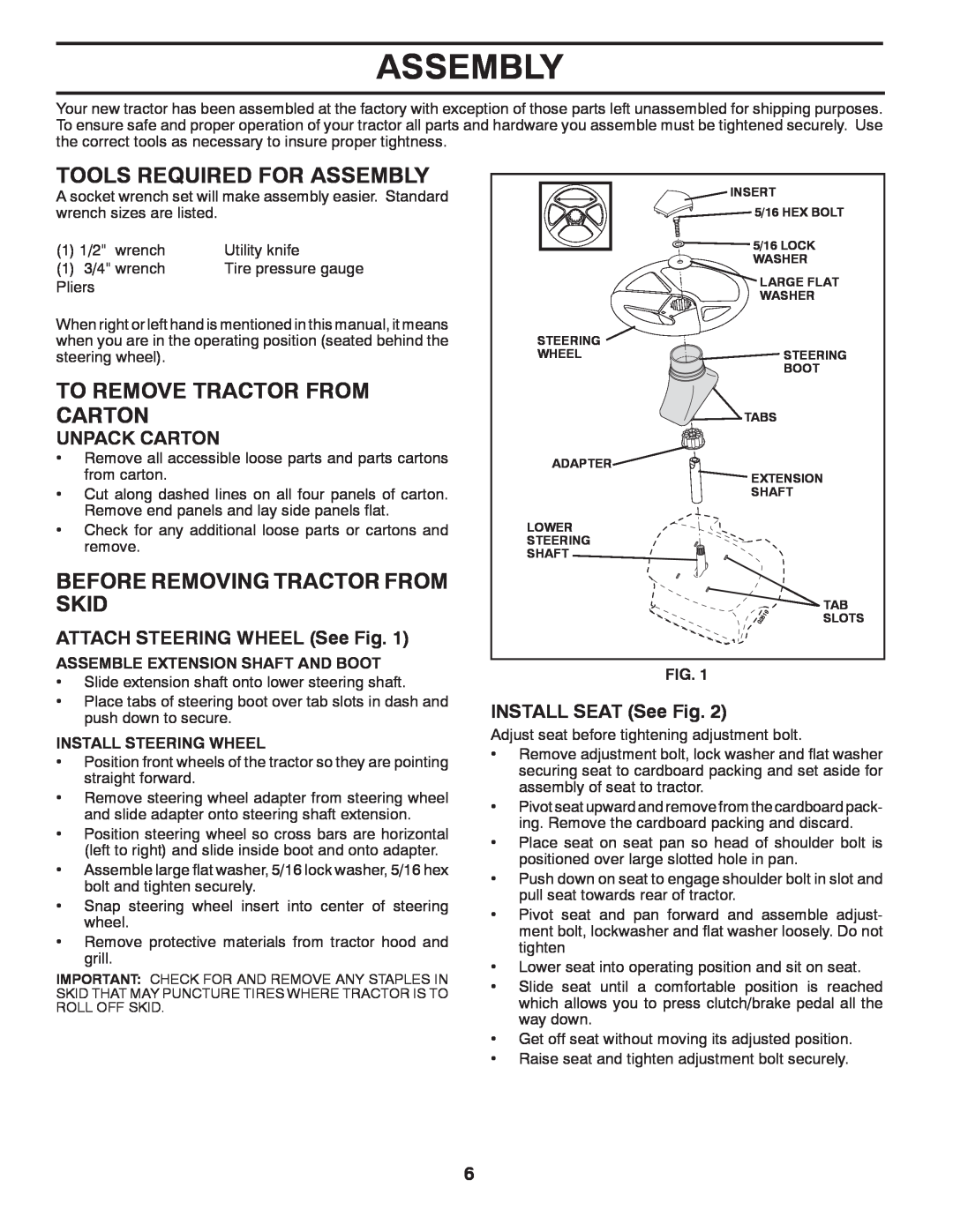 Poulan 425001 manual Tools Required For Assembly, To Remove Tractor From Carton, Before Removing Tractor From Skid 