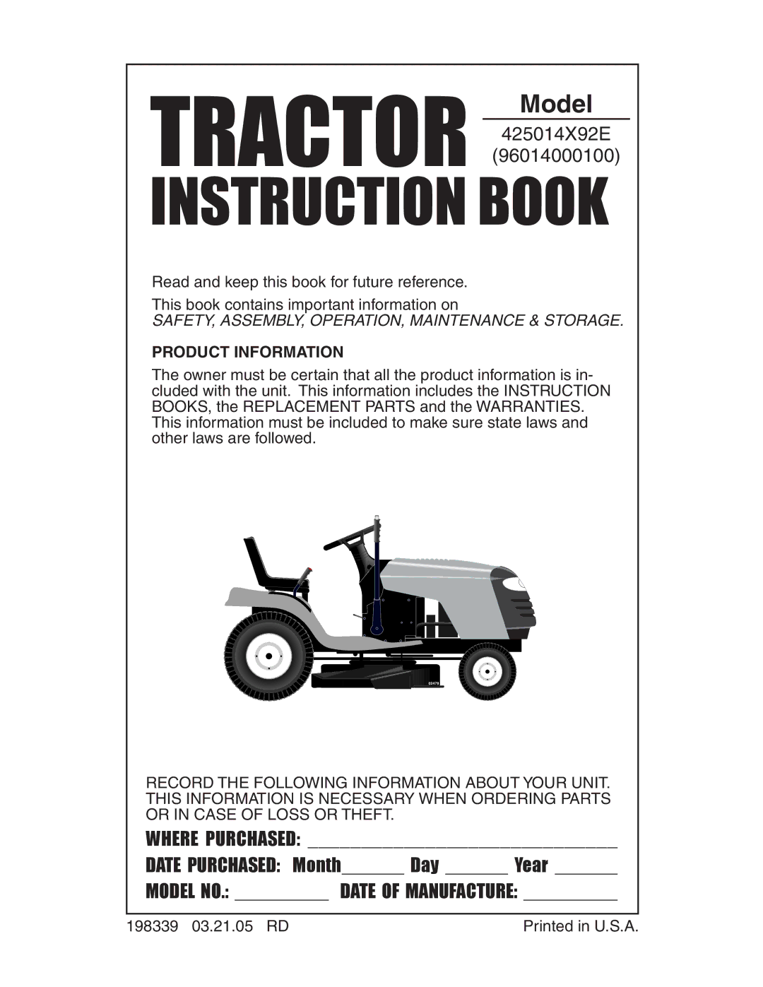 Poulan 425014X92E manual Tractor Model, Product Information 