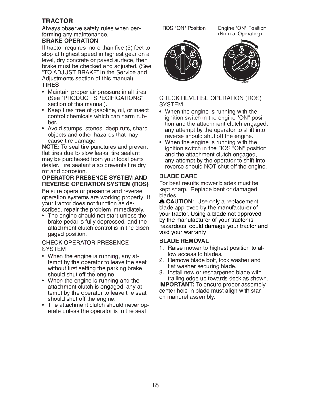 Poulan 425014X92E manual Tractor, Brake Operation, Tires, Blade Care, Blade Removal 