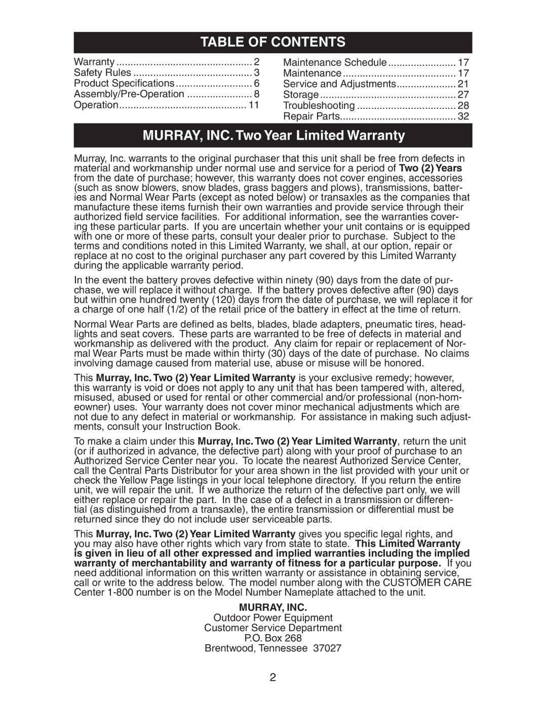 Poulan 425014X92E manual Table of Contents 