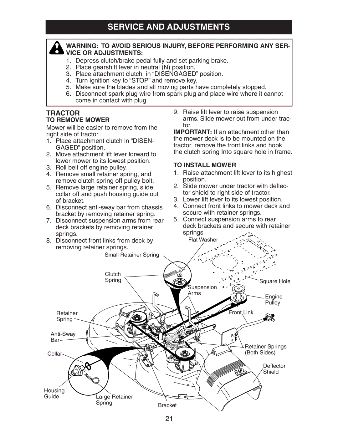 Poulan 425014X92E manual Service and Adjustments, To Remove Mower, To Install Mower 