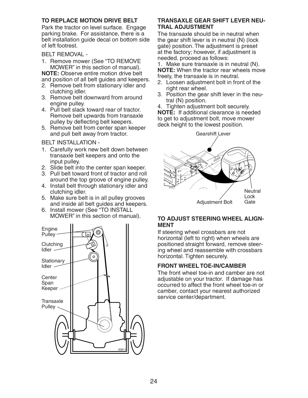 Poulan 425014X92E To Replace Motion Drive Belt, Transaxle Gear Shift Lever NEU- Tral Adjustment, Front Wheel TOE-IN/CAMBER 