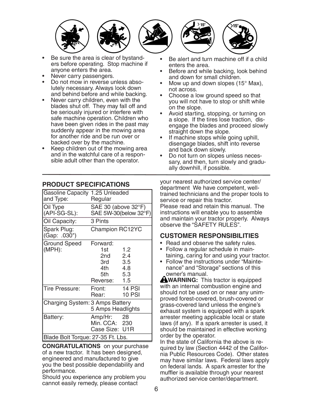 Poulan 425014X92E manual Product Specifications, Customer Responsibilities, Api-Sg-Sl, U1R 