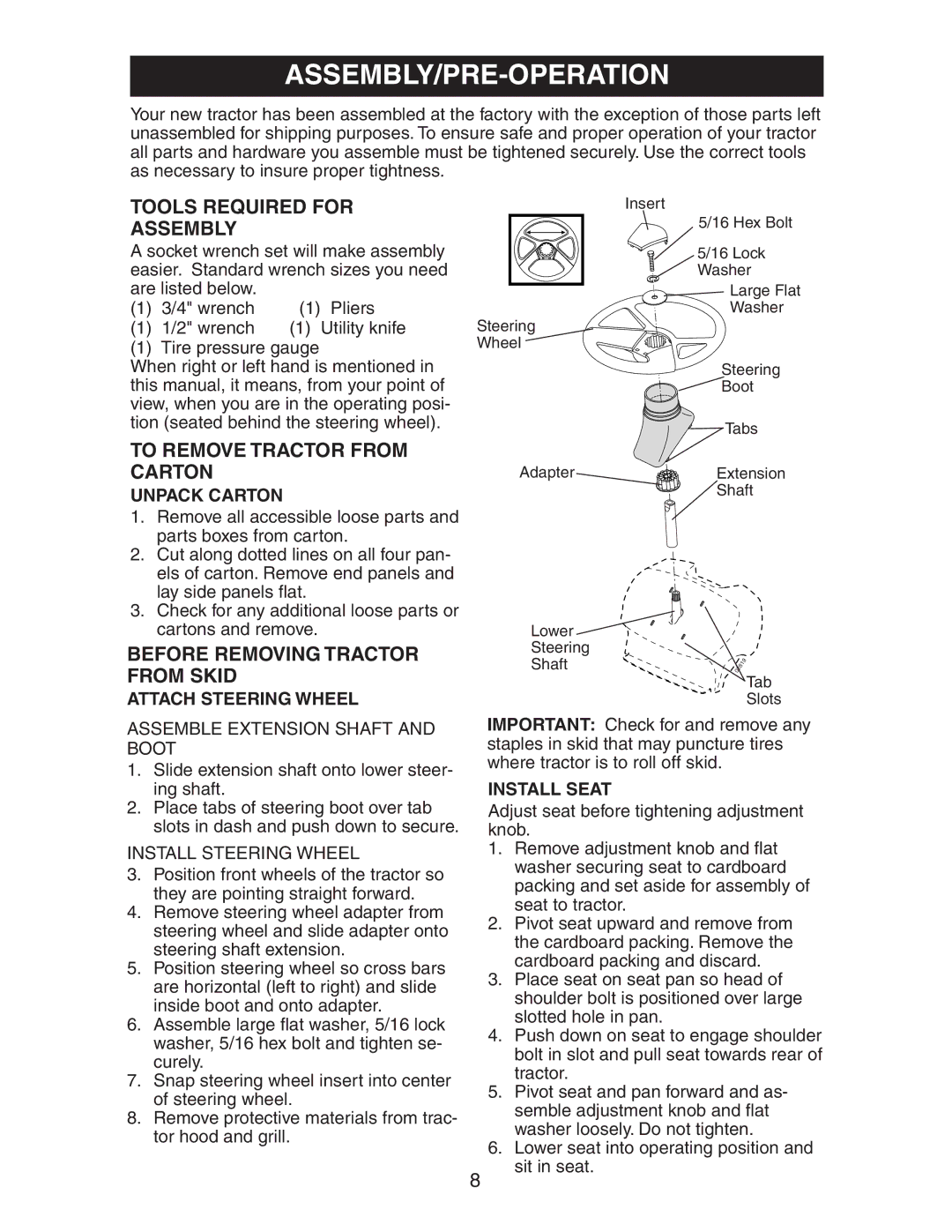 Poulan 425014X92E manual Tools Required for Assembly, To Remove Tractor from Carton, Before Removing Tractor from Skid 