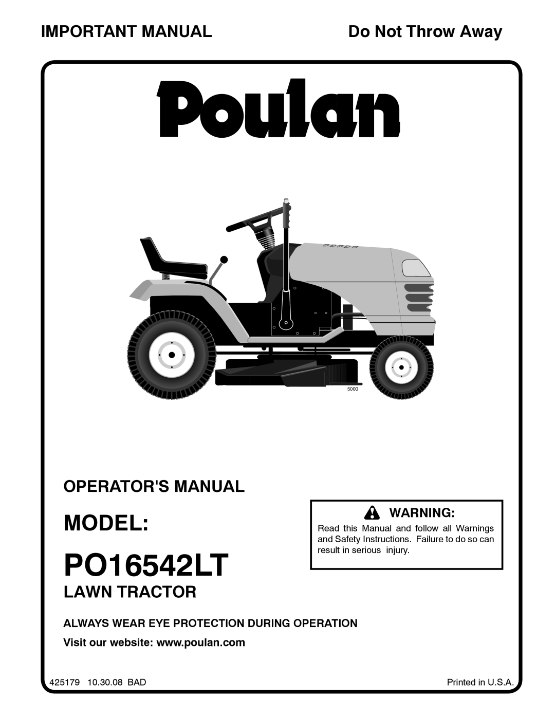 Poulan 425179 manual PO16542LT, Model 