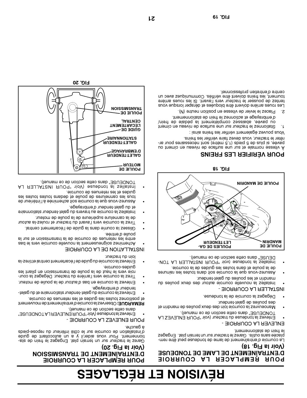 Poulan 425179 manual Courroie LA Remplacer Pour, Courroie Acer Rempl Pour, Transmission DE MENTNETRAÎD’EN 