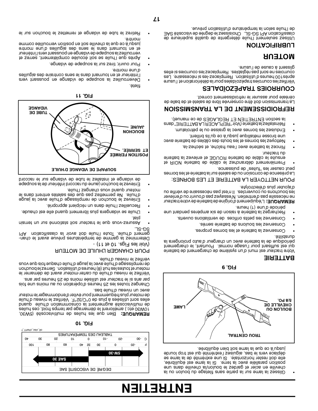 Poulan 425179 manual Transmission LA DE Refroidissement, Batterie, Lubrification, Trapézoïdales Courroies, 11 .FIG 