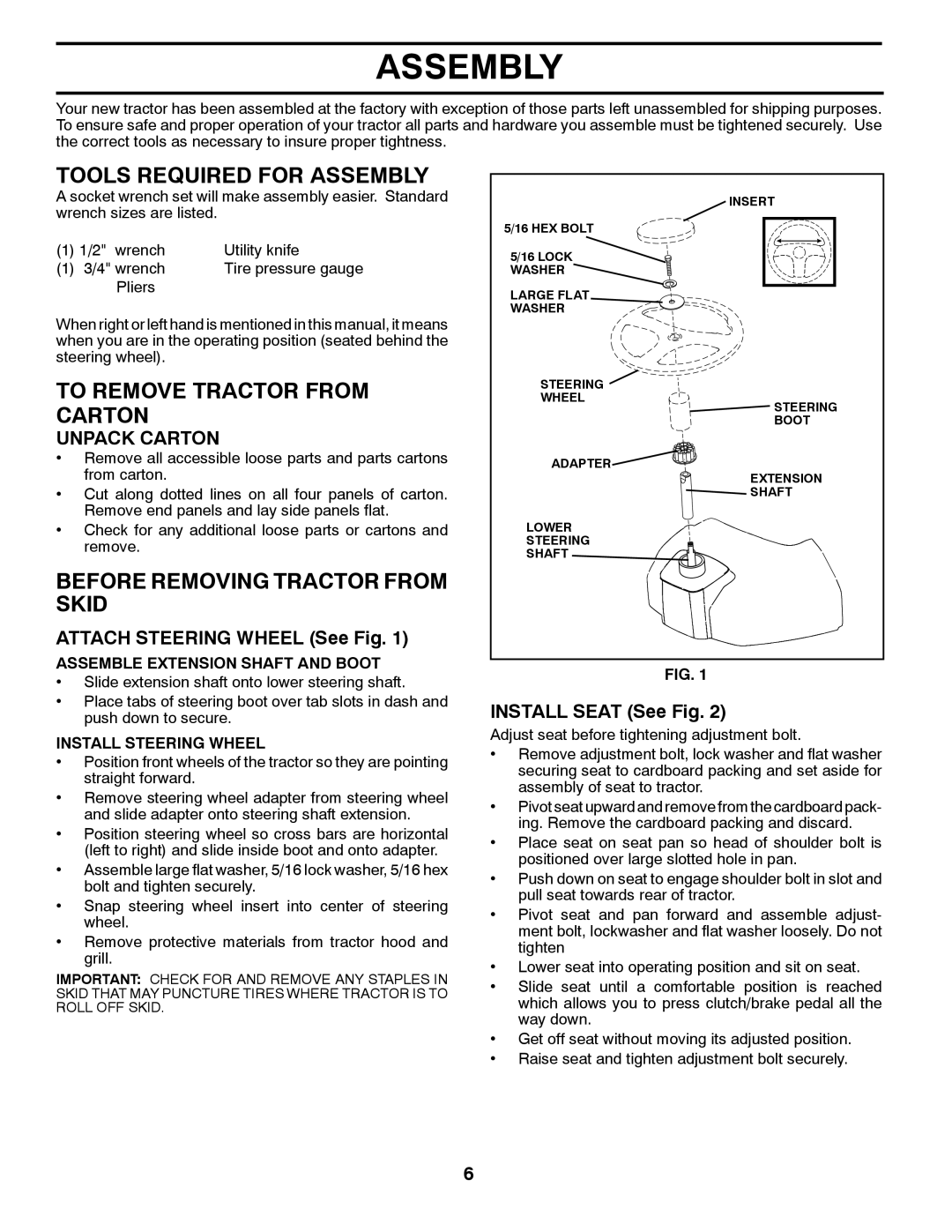 Poulan 425179 Tools Required for Assembly, To Remove Tractor from Carton, Before Removing Tractor from Skid, Unpack Carton 