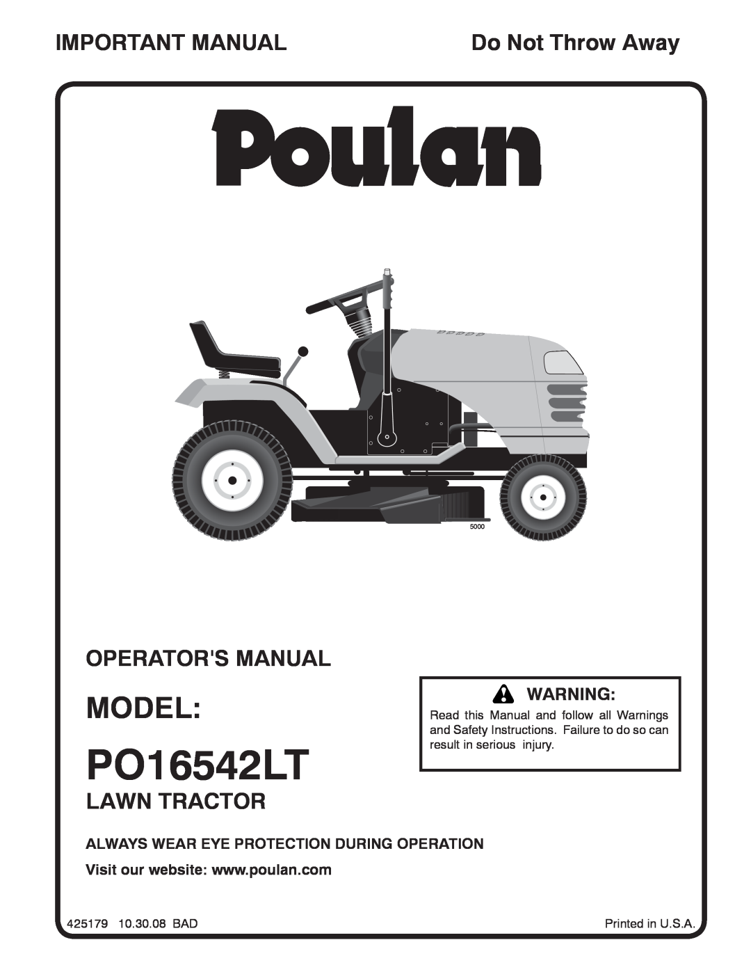 Poulan 425179 manual Model, Important Manual, Operators Manual, Lawn Tractor, Do Not Throw Away, PO16542LT, 5000 