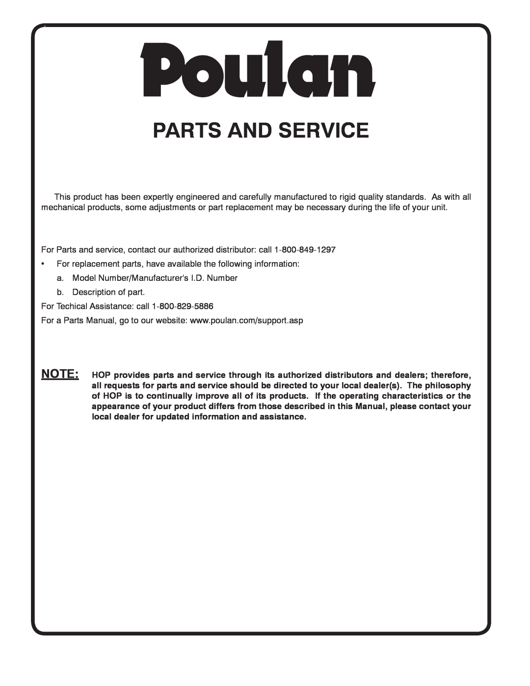 Poulan 425179 manual Parts And Service 