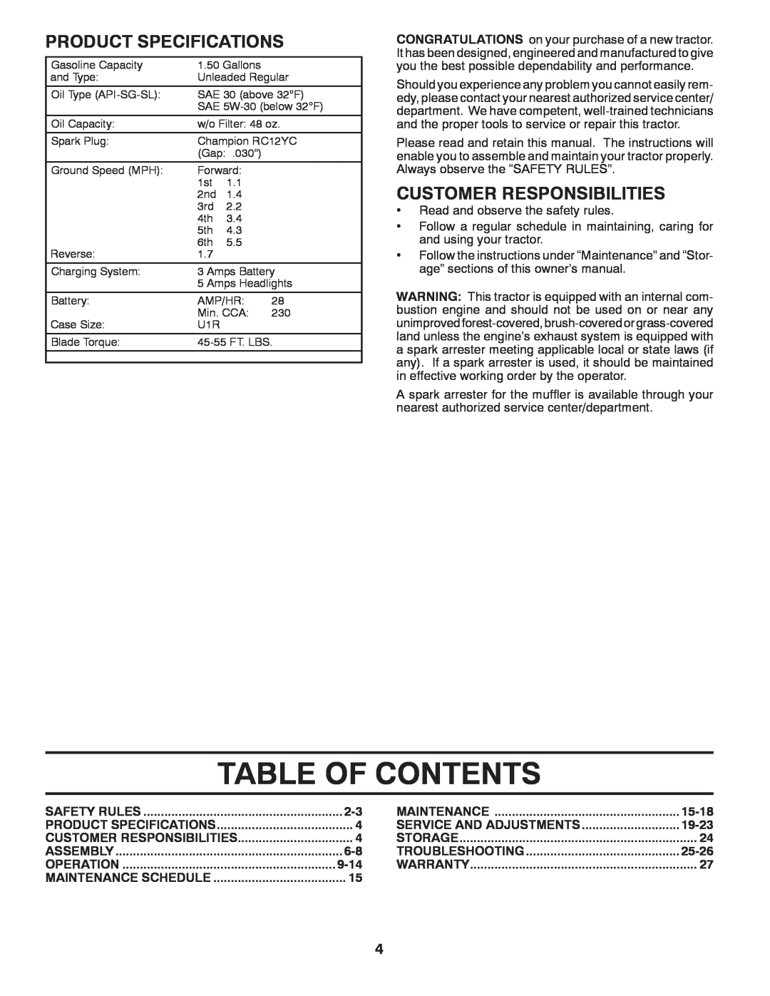 Poulan 425179 manual Table Of Contents, Product Specifications, Customer Responsibilities 