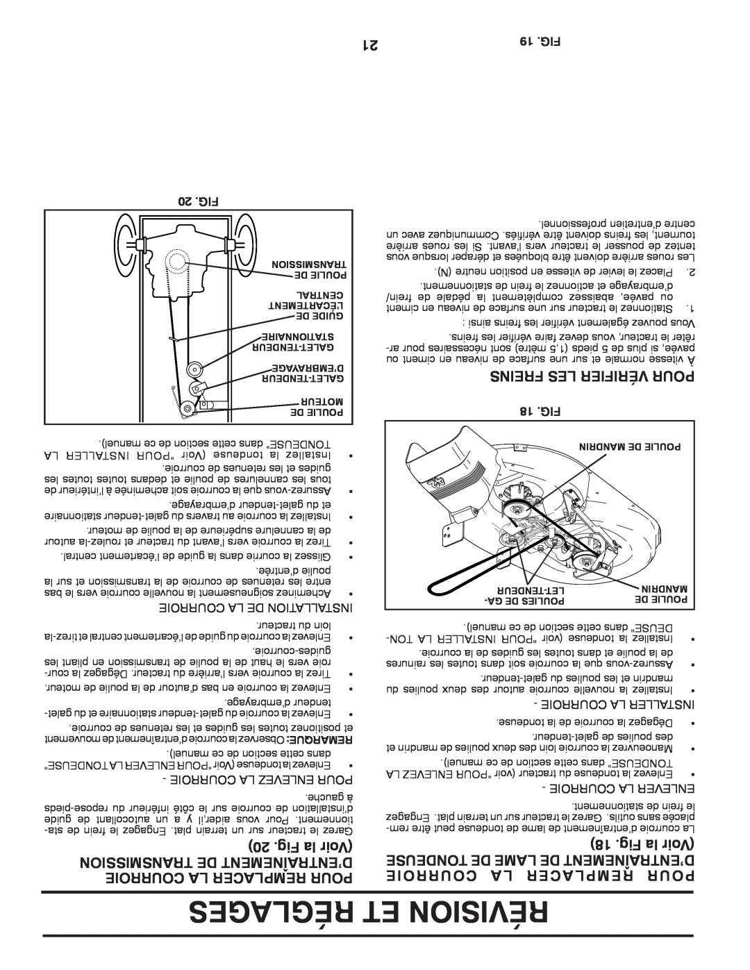 Poulan 425179 manual Fig la Voir, Courroie La Remplacer Pour, Acer Rempl, Réglages Et Révision 