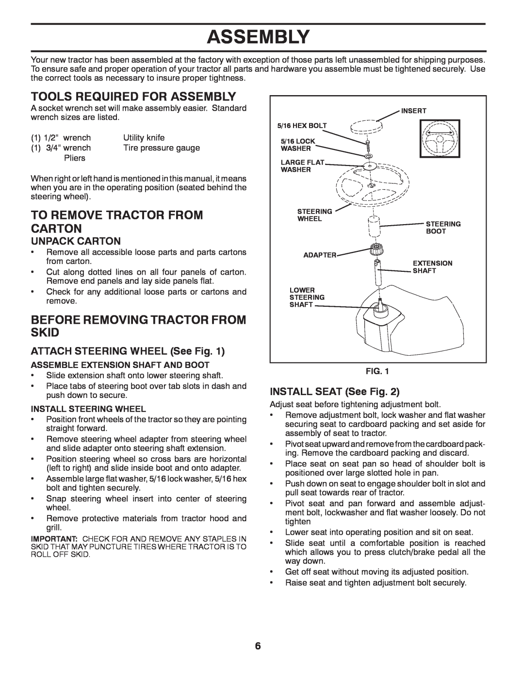 Poulan 425179 manual Tools Required For Assembly, To Remove Tractor From Carton, Before Removing Tractor From Skid 