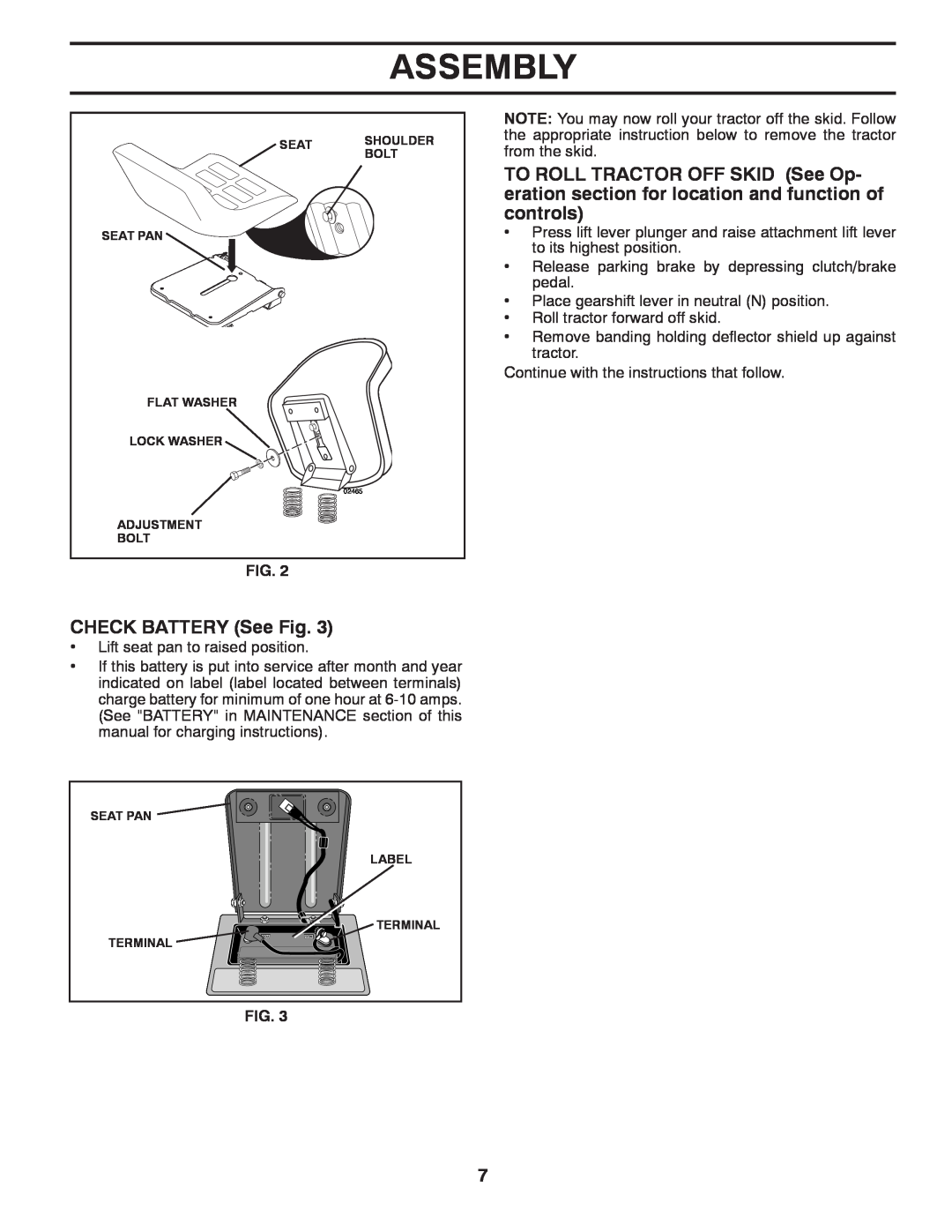 Poulan 425179 manual CHECK BATTERY See Fig, Assembly 