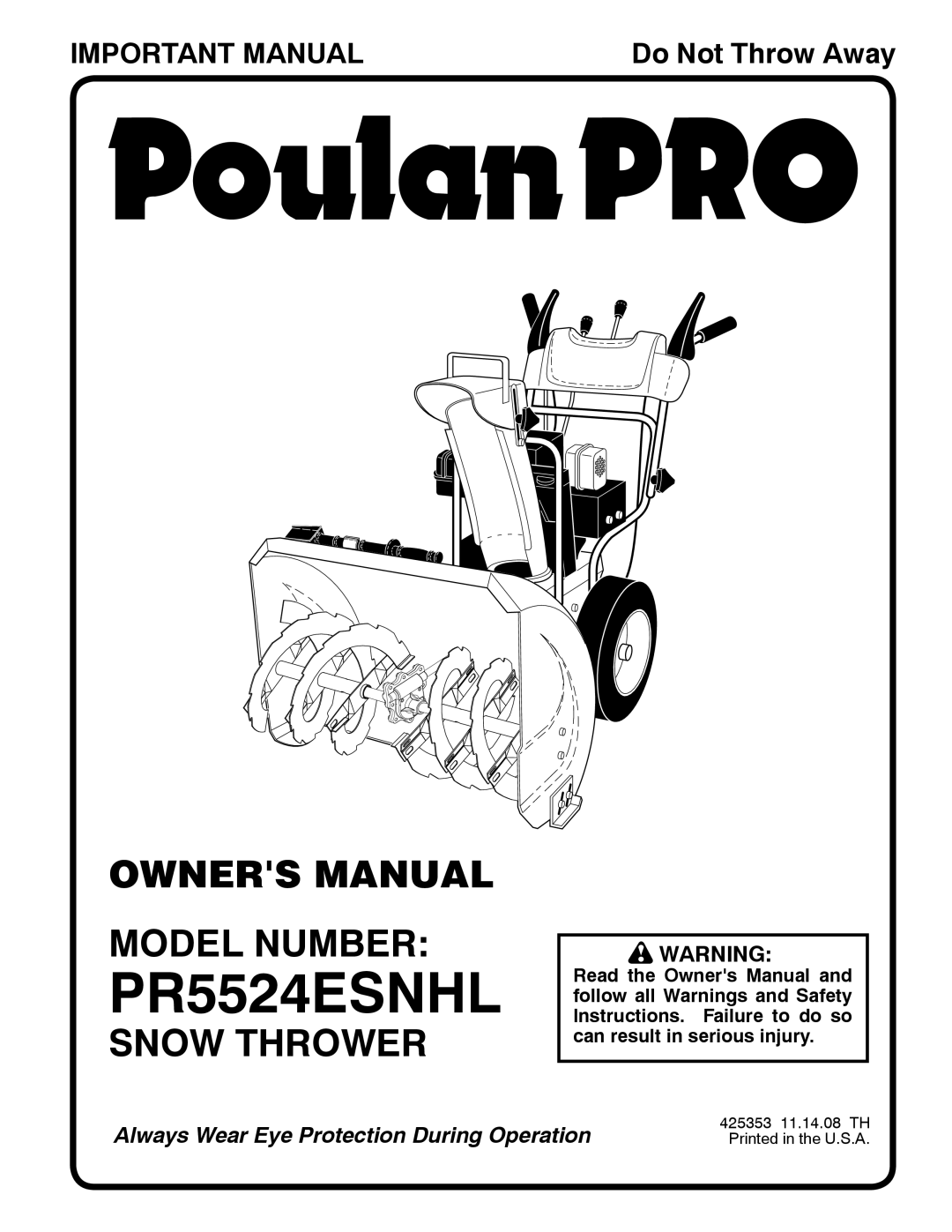 Poulan PR5524ESNHL, 425353 owner manual Model Number, Snow Thrower 