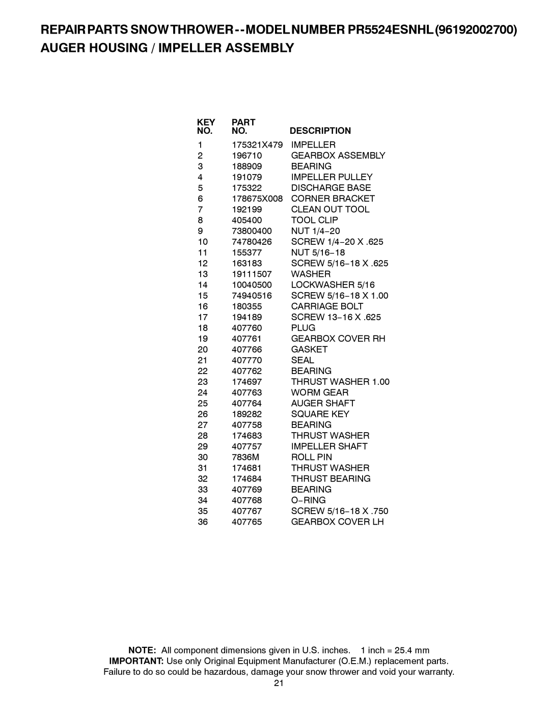 Poulan PR5524ESNHL, 425353 owner manual KEY Part NO. NO. Description 