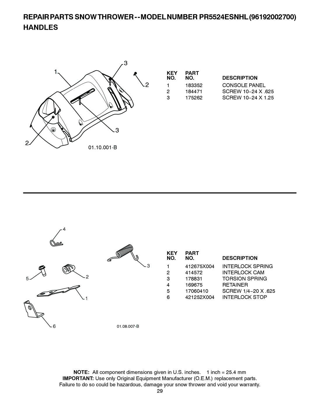 Poulan PR5524ESNHL, 425353 owner manual Console Panel, Interlock Spring, Interlock CAM, Torsion Spring, Interlock Stop 