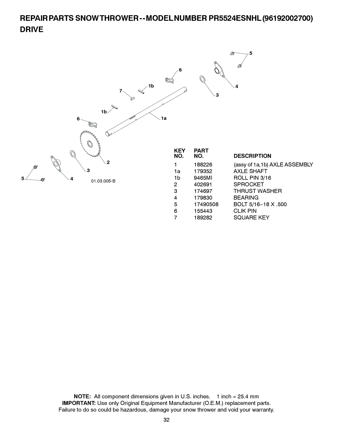 Poulan 425353, PR5524ESNHL owner manual Axle Shaft, Roll PIN 3/16, Sprocket, Clik PIN 