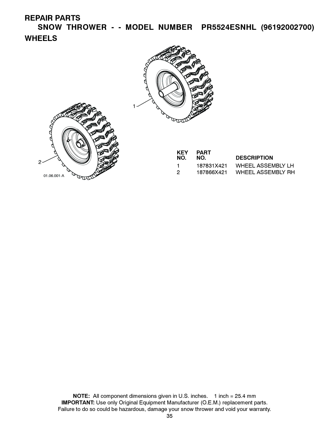 Poulan 425353 owner manual Repair Parts Snow Thrower - Model Number PR5524ESNHL Wheels, Wheel Assembly LH 