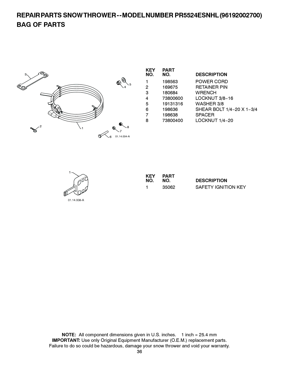 Poulan 425353, PR5524ESNHL owner manual Power Cord, Retainer PIN, Wrench, 35062, Safety Ignition KEY 