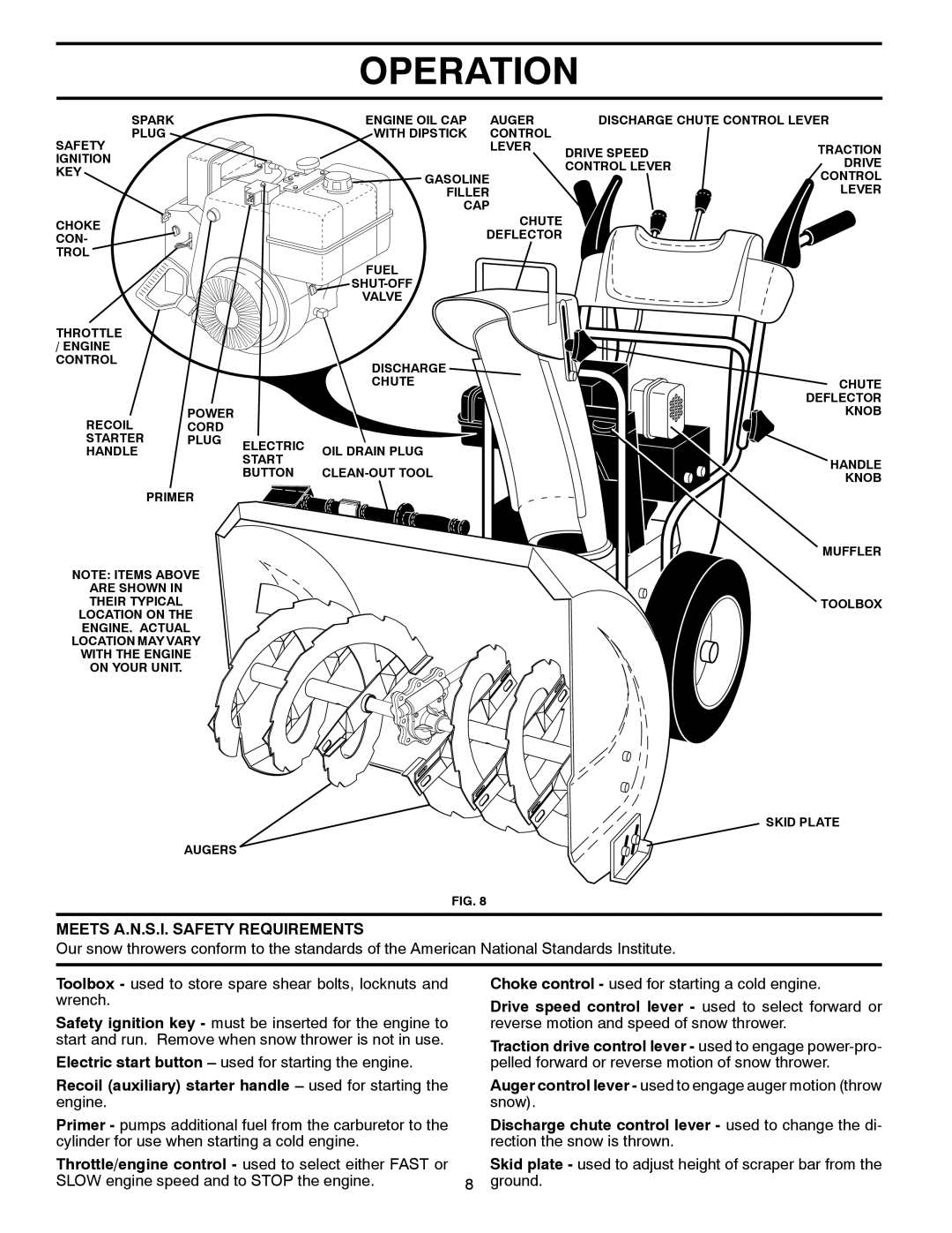 Poulan 425353 owner manual Meets A.N.S.I. Safety Requirements, Recoil auxiliary starter handle used for starting the engine 