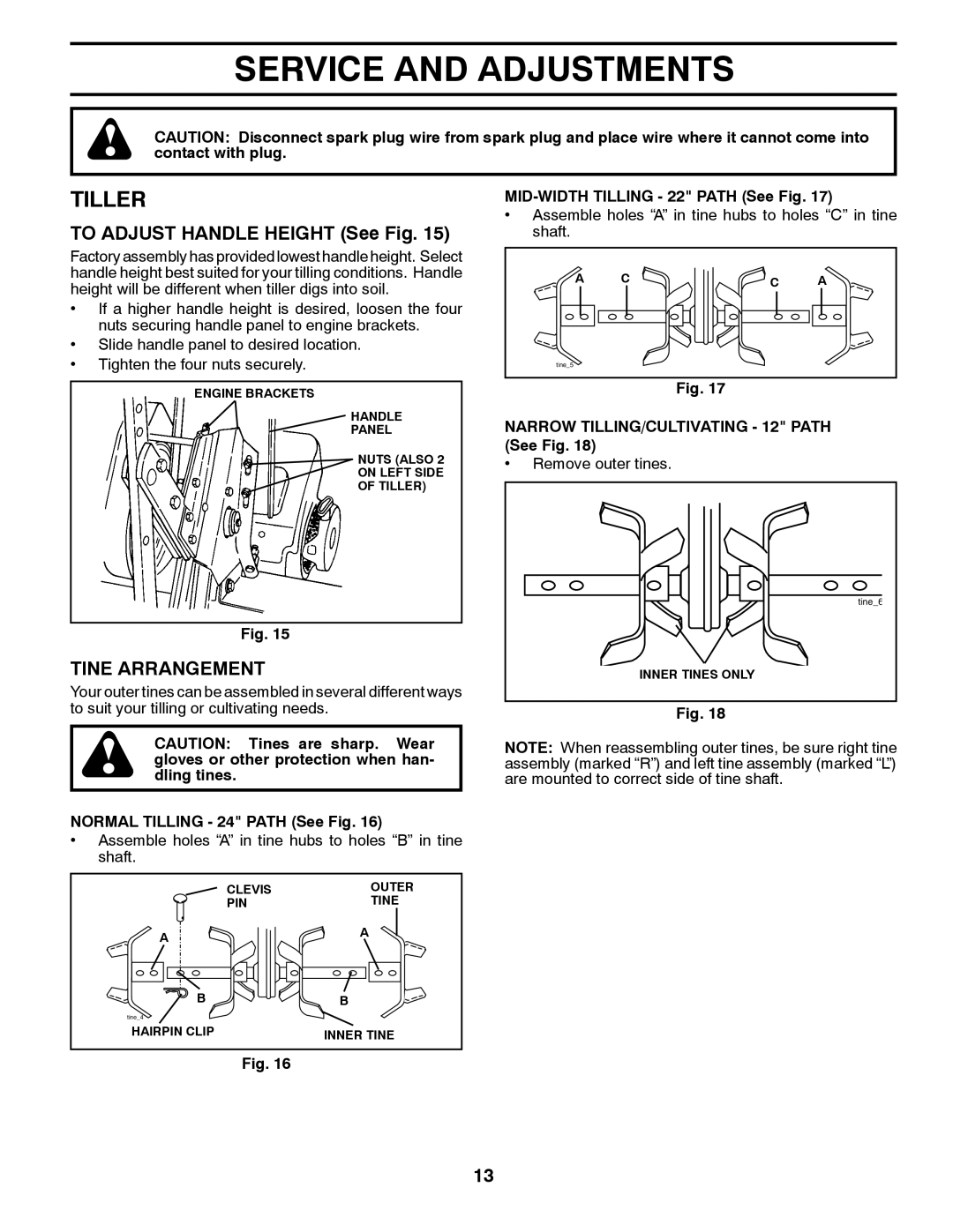 Poulan 96082001300, 427896 manual Service and Adjustments, Tiller, To Adjust Handle Height See Fig, Tine Arrangement 