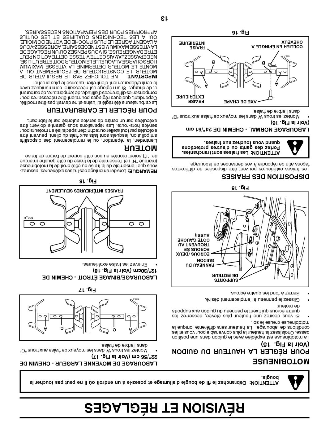 Poulan 427896, 96082001300 manual Motobineuse, Fraises DES Disposition 15 .Fig, Fig la Voir Guidon DU Hauteur LA Régler Pour 