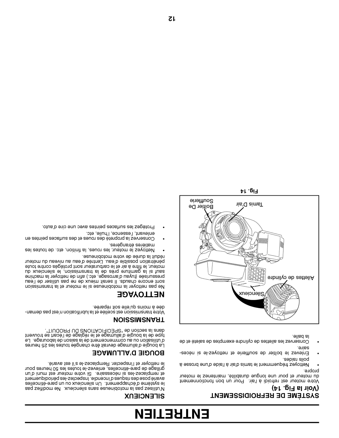 Poulan 96082001300, 427896 manual Entretien, ’ALLUMAGE Bougie, Silencieux, Refroidissement DE Système, 14 .Fig 