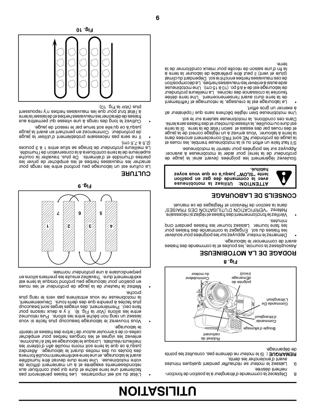 Poulan 427896, 96082001300 manual Utilisation, Labourage DE Conseils, Motobineuse LA DE Rodage, Culture, 10 .Fig 